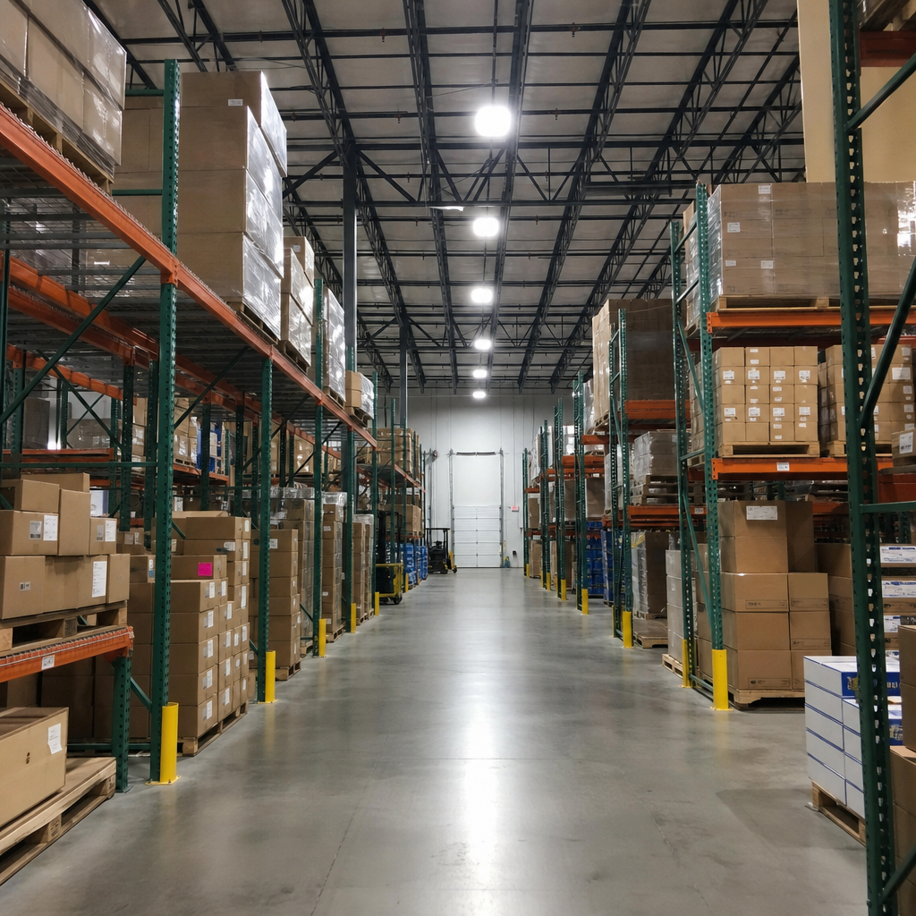 warehouse aisle illuminated by high bay LED fixtures